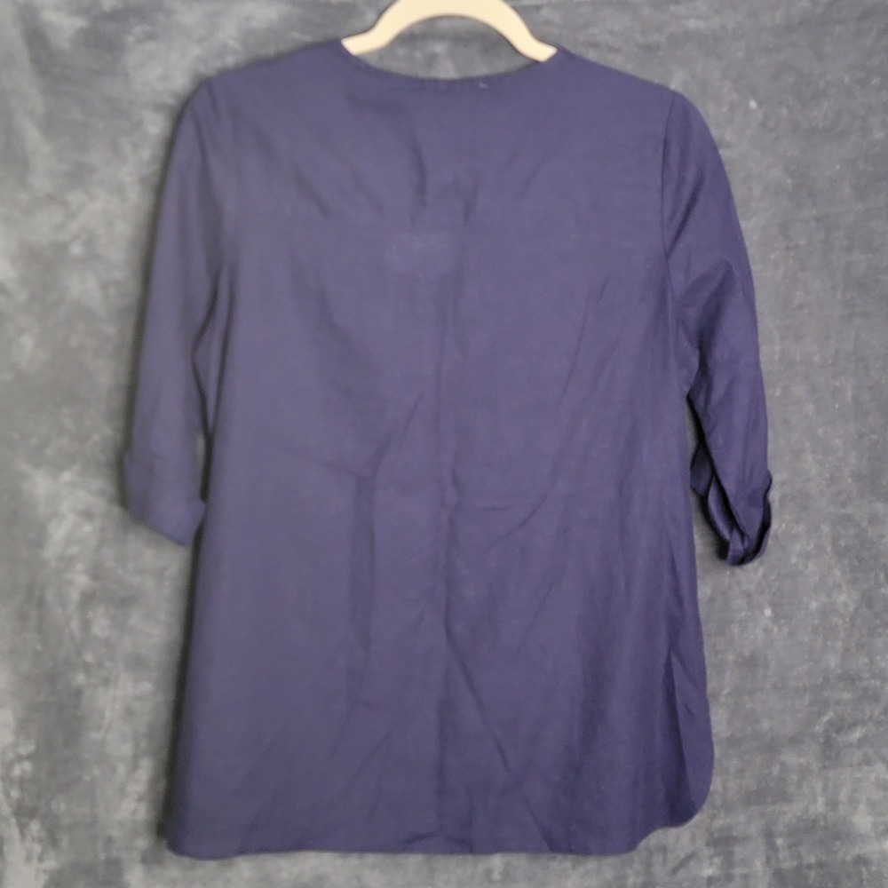 Emily Daniels Navy Blue Linen Blend Roll Tab Sleeve Zip Blouse Womens PS - Picture 4 of 11